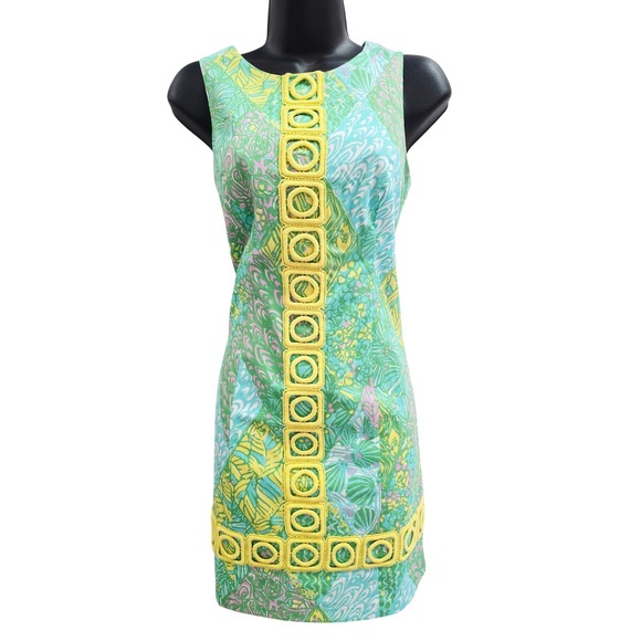 Lilly Pulitzer Dresses & Skirts - Lilly Pulitzer Green Yellow Tropical Geometric Trim Cotton Shift Dress Size 4